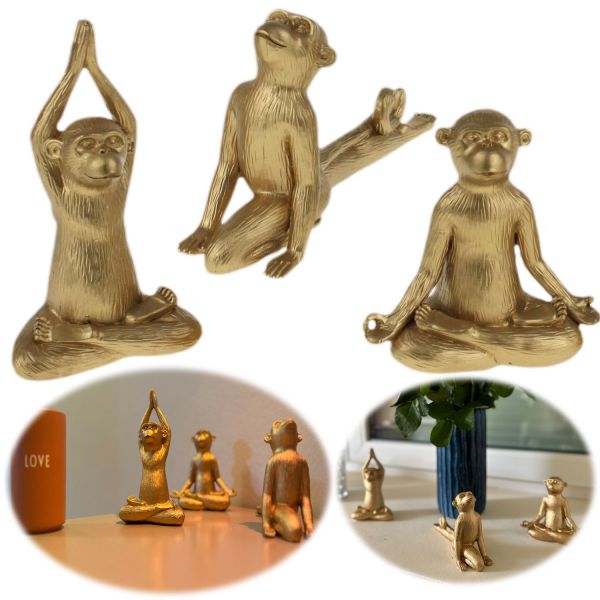 3 Yoga Affen Deko-Figur Set Monkey 11cm Skulptur Gymnastik Feng Shui Deko-Objekt