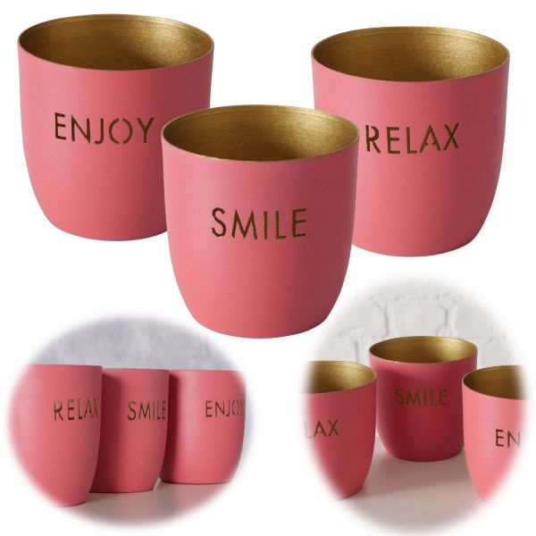 3x Metall Teelichthalter Relax Enjoy Smile Rosa Gold 7x7cm Set Windlichthalter