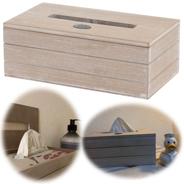Holz Tissue-Box 24cm Shabby Grau Maritim Kosmetiktuch-Spender Taschentuch