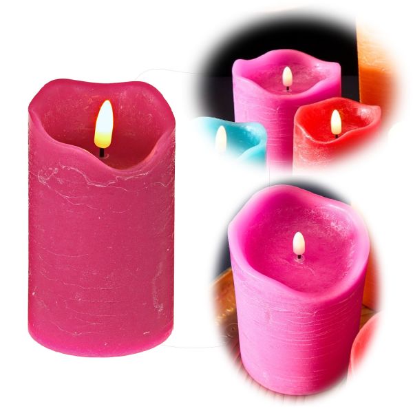 LED 3D Stumpenkerze Pink 12,5cm Echtwachs flackernde flammenlose Kerze