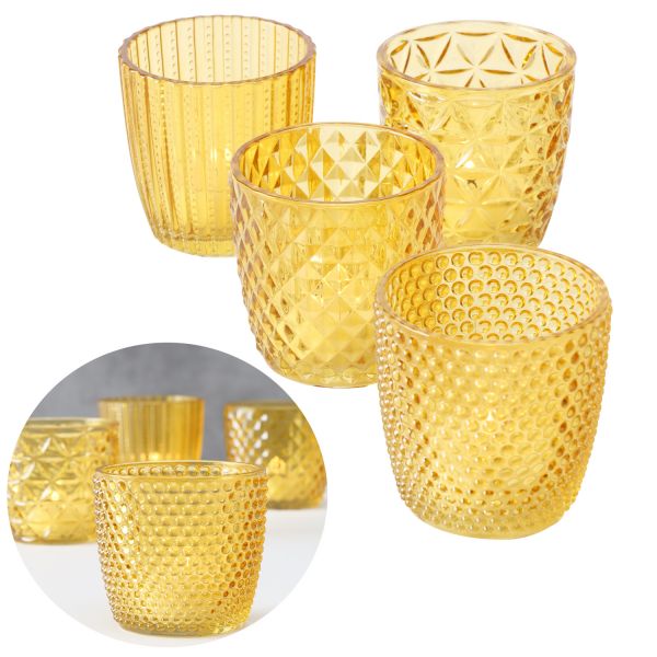 4´er Set Glas Teelichthalter Retro Gelb 7cm Teelichtglas Windlicht-Halter