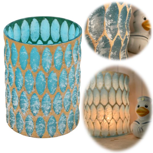 Exklusives XL Teelichtglas 15cm Crystal Blau Gold Teelichthalter Windlicht
