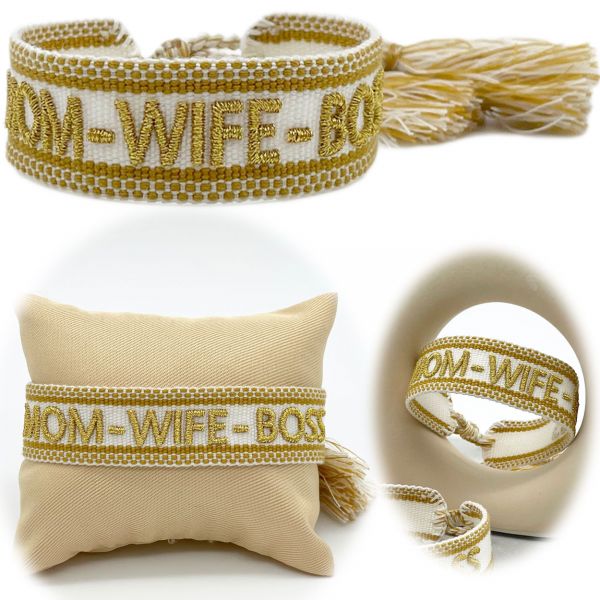 Canvas Statement Armband Mom Wife Boss Creme Gold besticktes Webarmband
