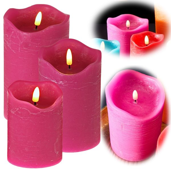 LED 3D Stumpenkerze Pink 3´er Set Echtwachs flackernde flammenlose Kerze