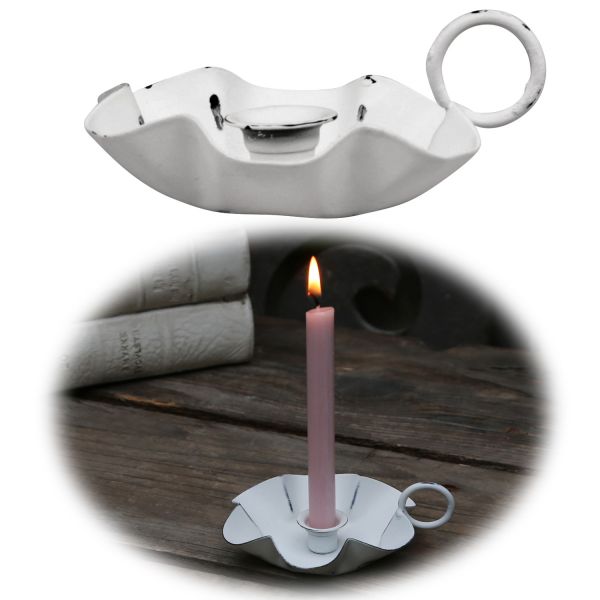 Metall Stabkerzen-Halter Weiß Henkel 11cm Kerzenständer Kammer-Leuchter