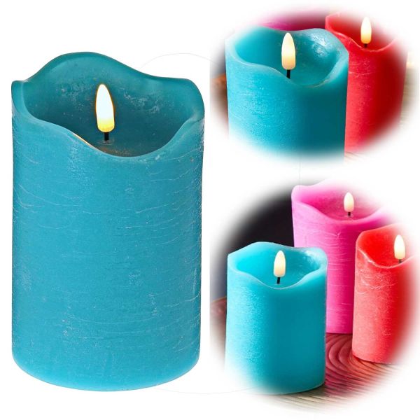 LED 3D Stumpenkerze Blau Türkis 15cm Echtwachs flackernde flammenlose Kerze