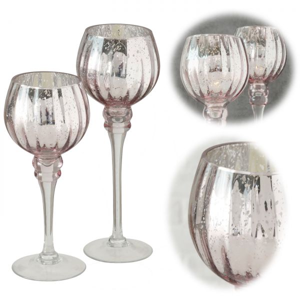 Exklusives XL 2-fach Glas Windlicht 25/30cm Rosa Teelichthalter Kerzenständer