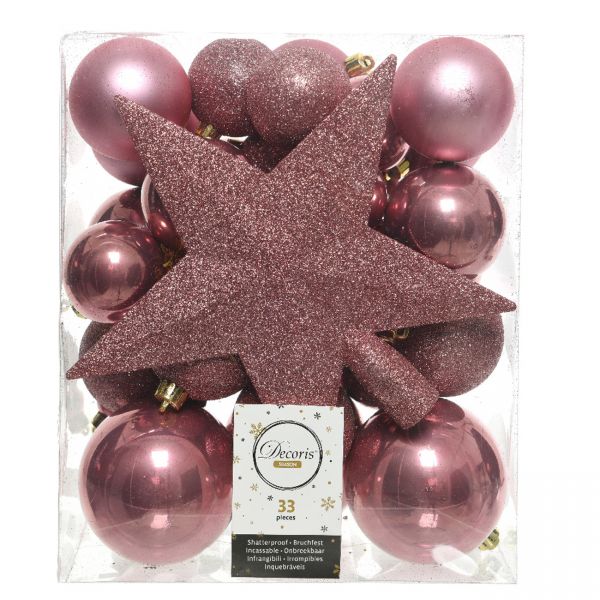 33 Christbaumkugeln Kunststoff Pink Spitze Stern Weihnachtskugeln