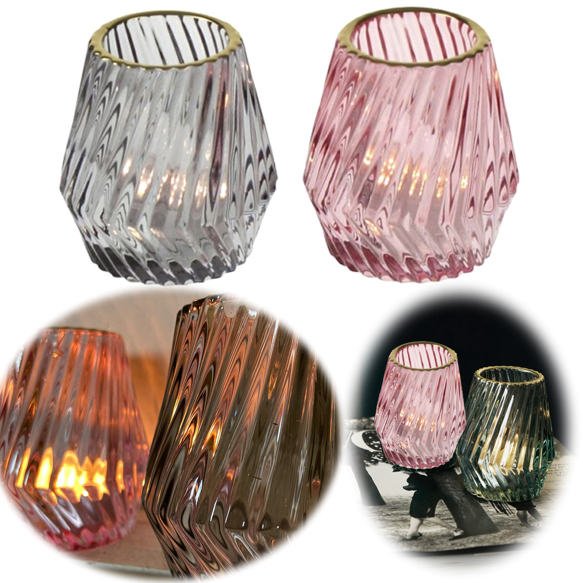 2x Glas Teelichthalter 9cm Relief Rosa Grau Gold Teelichtglas Windlicht-Halter  | LS-LebenStil