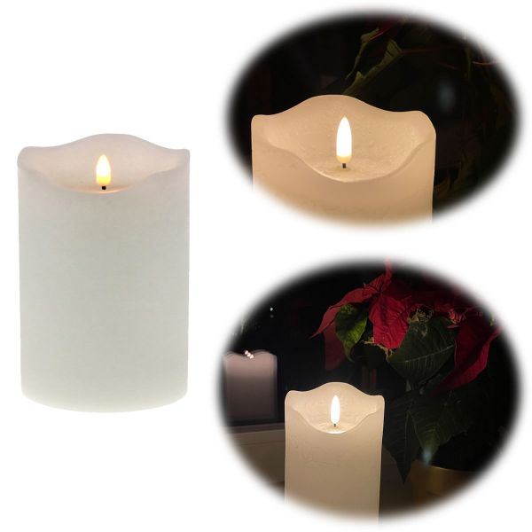 LED 3D Stumpenkerze Creme Weiß 12,5cm Echtwachs flackernde flammenlose Kerze