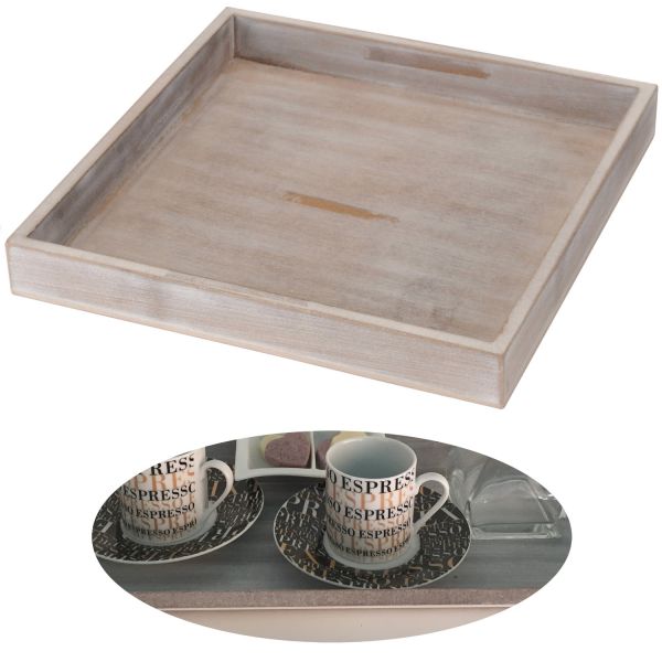 Holz Deko-Tablett Shabby Grau Weiß 30x30cm Kerzen-Schale Teelichthalter
