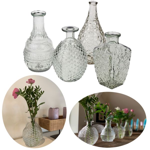 4x Retro Glas-Vase 15-20cm Klar Set Deko Tisch-Vase Blumenvase Väschen
