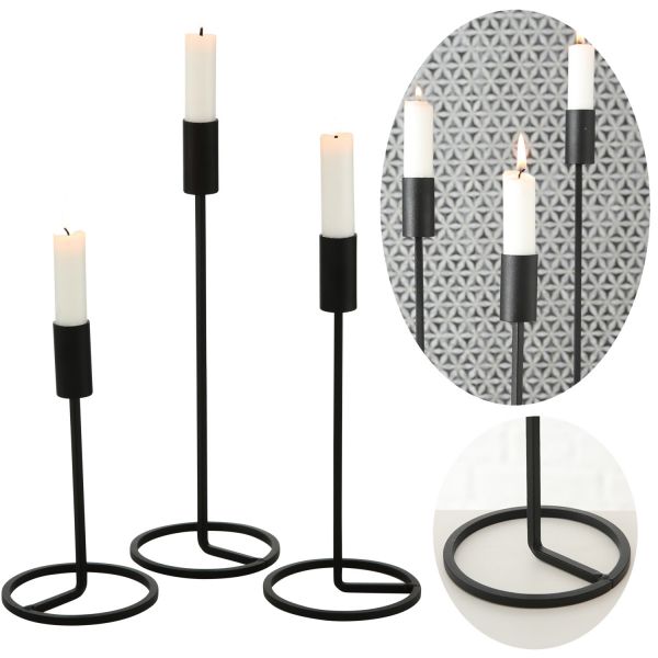 3x Kerzenständer Schwarz Metall Set Stabkerzen-Kerzenhalter Kerzenleuchter