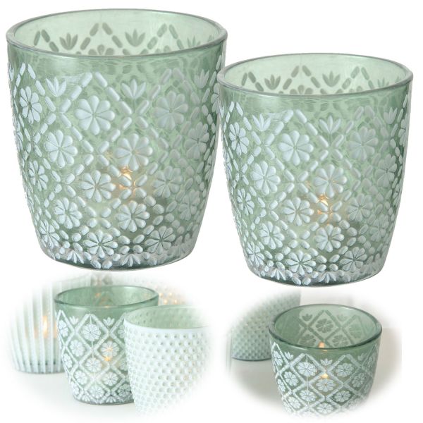 2x Glas Teelichthalter Retro Grün 7-9cm Blume Set Windlicht-Halter Kerzenständer