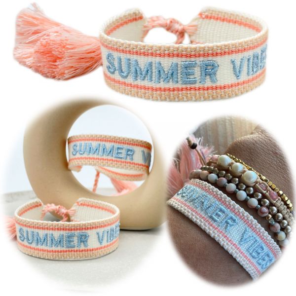 Canvas Statement Armband Summer Vibes Creme Rosa Blau besticktes Webarmband