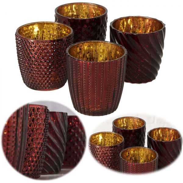 4´er Set Glas Teelichthalter Retro Braun Rot Gold 9cm Teelichtglas Windlicht-Halter