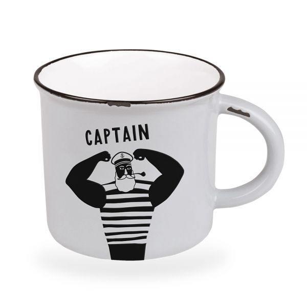 Kaffeebecher 470ml Vintage Captain Weiß Emaille-Look Kaffeetasse