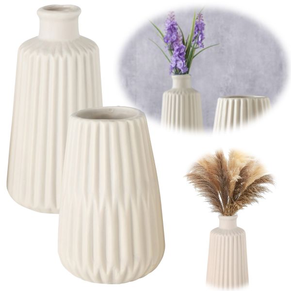 Nordic Blumen-Vase Oslo 2´er Set Creme Beige Keramik Tisch-Vase Pampasgras