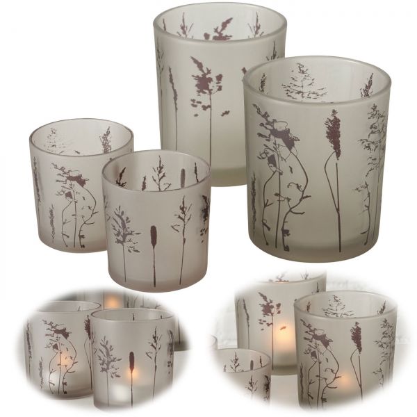 4x Glas Teelichthalter Gräser 8-12cm Set Windlicht-Halter Kerzenständer