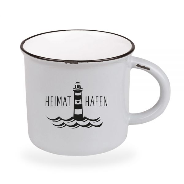 Vintage Kaffeebecher 470ml Heimathafen Weiß Porzellan Emaille-Look Kaffeetasse