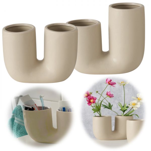 2x Nordic Blumen-Vase Set Ribe Beige 2tlg Keramik Doppelrohr-System Tisch-Vase