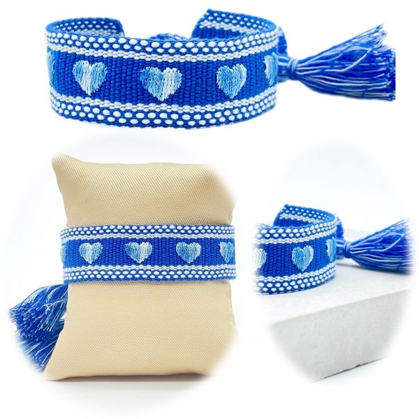 Canvas Statement Armband ❤️ Herzen ❤️ Blau Weiß besticktes Webarmband