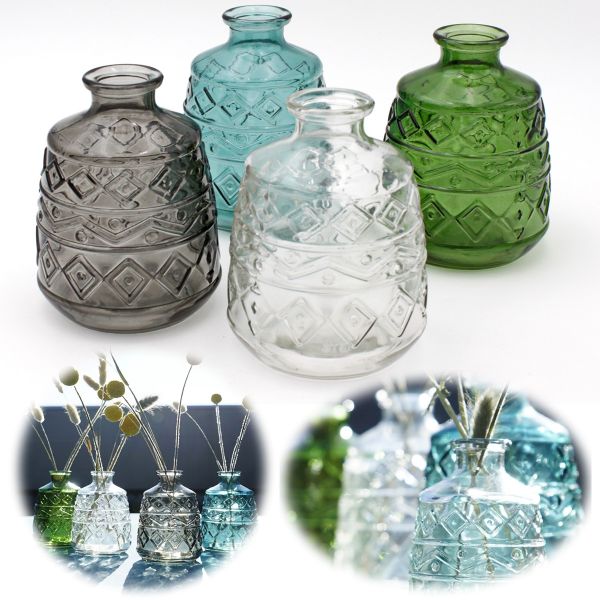 4x Retro Glas-Vase 15cm Multi Colour Set Deko Tisch-Vase Blumenvase Väschen