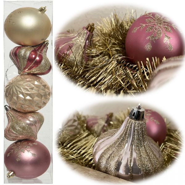5 Vintage Christbaumkugeln 8cm Kunststoff Rosa Pink Gold Weihnachtskugeln