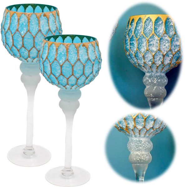Exklusives XL Glas Windlicht 2-fach 30/35cm Blau Teelichthalter Kerzenständer