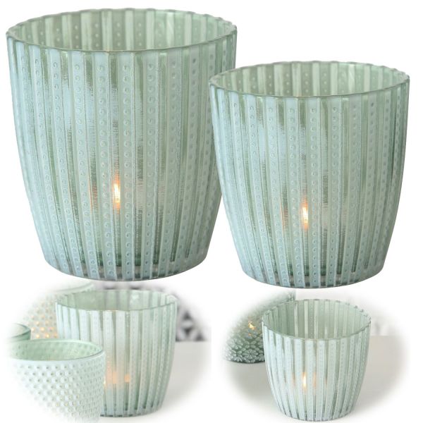 2x Glas Teelichthalter Retro Grün 7-9cm Steifen Set Windlicht-Halter Kerzenständer