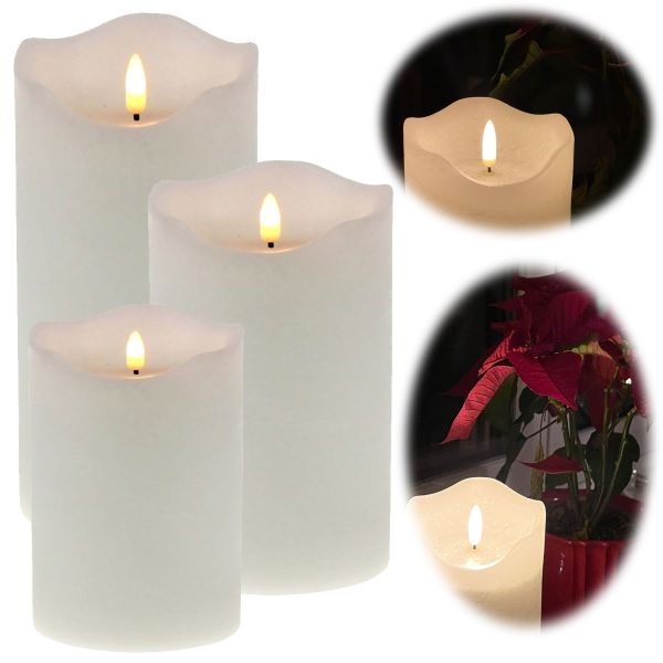 LED 3D Stumpenkerze Creme Weiß 3´er Set Echtwachs flackernde flammenlose Kerze