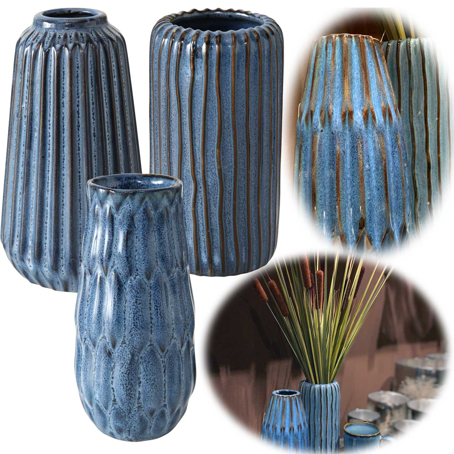 Blau Aquarel Keramik Design Blumenvase Tisch-Deko | 15x10cm Tischvase Set LS-LebenStil 3´er