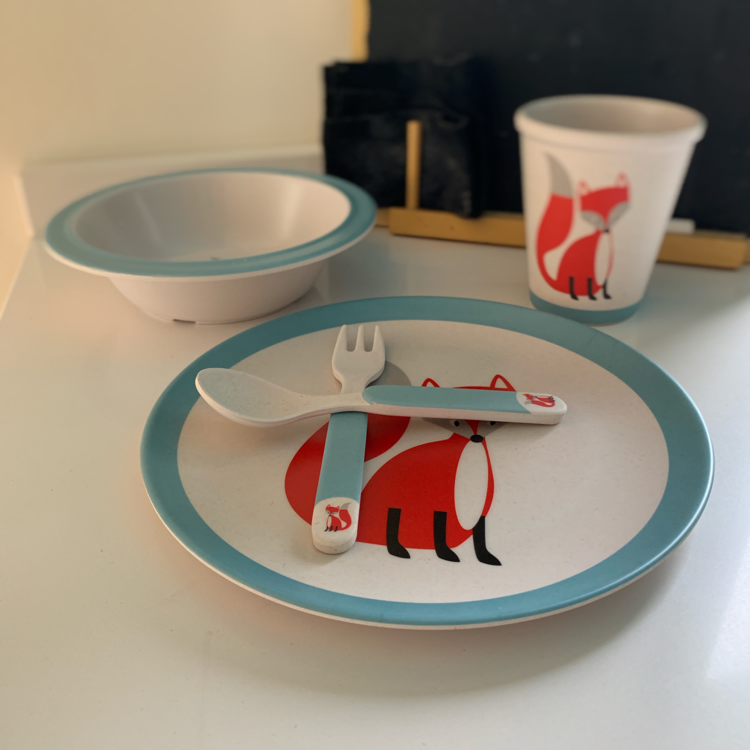 Bambus Kinder Geschirr Fuchs 5-tlg Set BPA-Frei Schüssel Tasse Teller Besteck